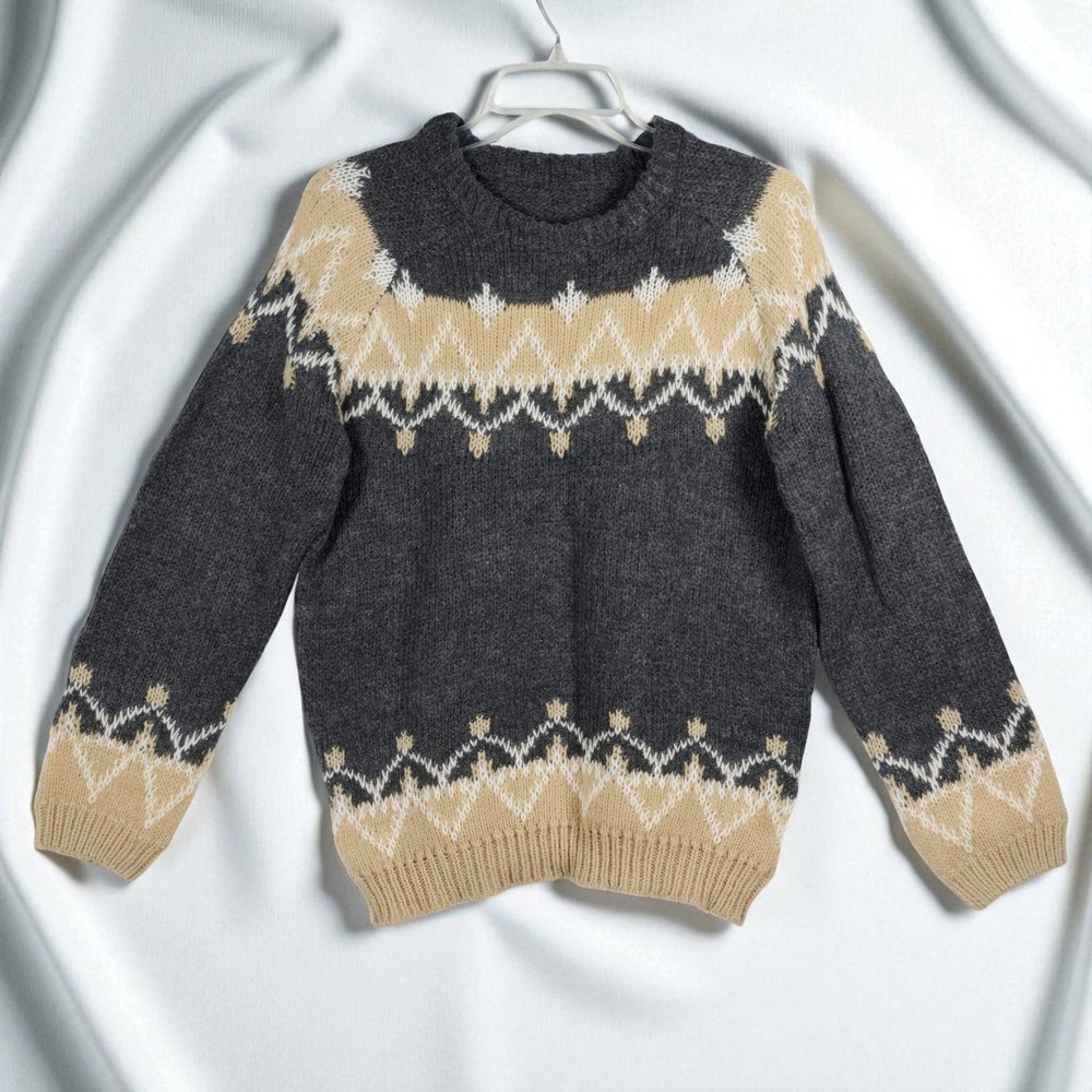Vintage Mohair Knit Sweater Women's Small Gray Beige Fair Isle Pattern Crew Neck - Picture 1 of 10
